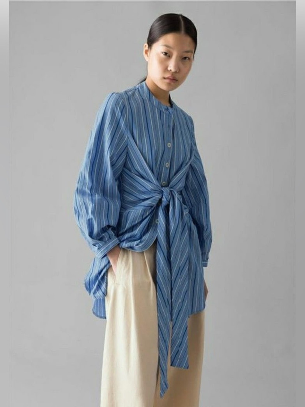Toast Stripe Poplin Wrap Front Shirt, Sodalite Blue, Size UK10 (US 6)